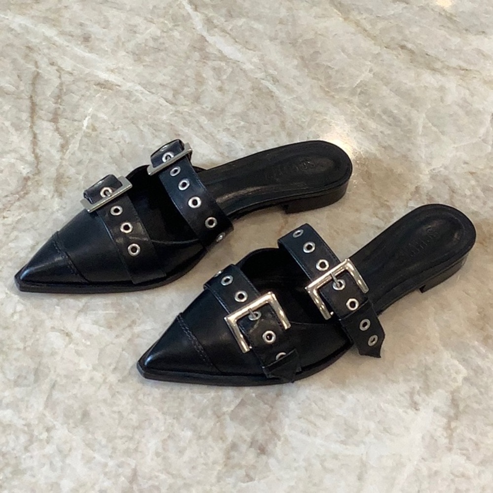 SCHUTZ Black Double Buckle Penny Mules